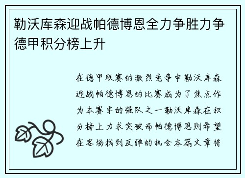 勒沃库森迎战帕德博恩全力争胜力争德甲积分榜上升